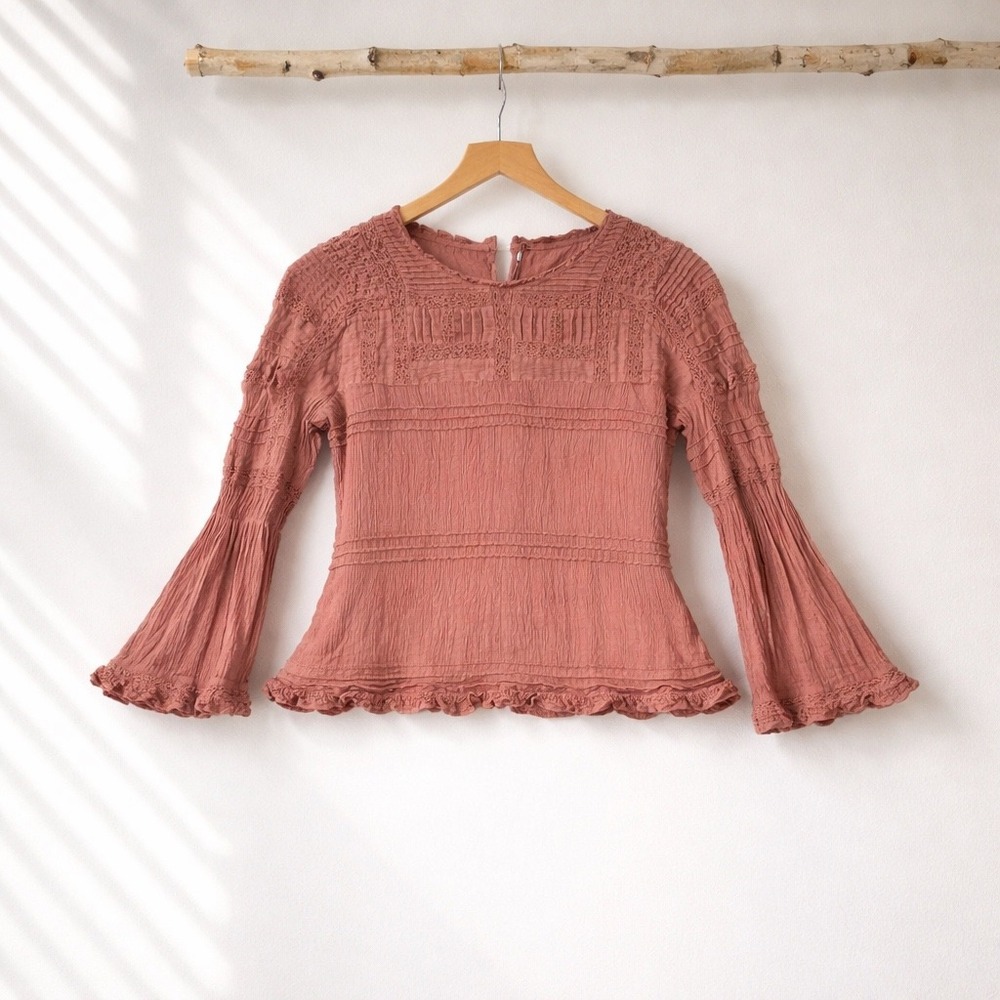Free People Blouse Women Large Pink Bell Sleeve Lace Trim Boho Cottagecore Top